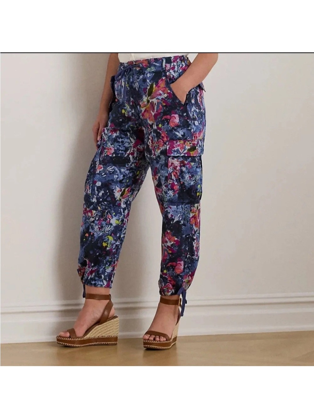 Ralph Lauren Navy Floral Cargo Jogger Pants with Tie Ankles